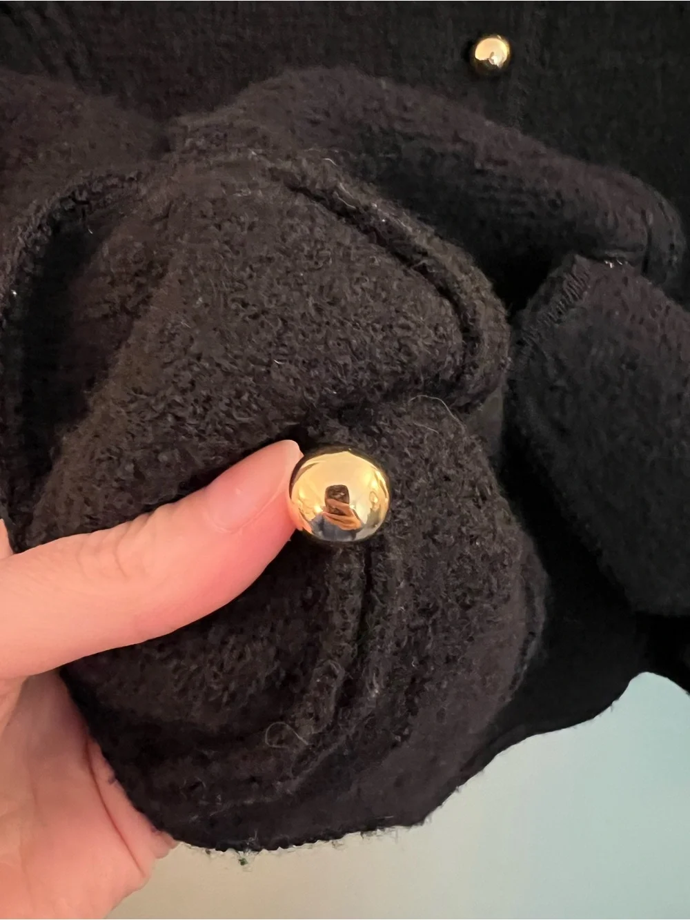 Vintage 1990s Tally Ho Black Cardigan Jacket with Gold Buttons and Scalloped Hem